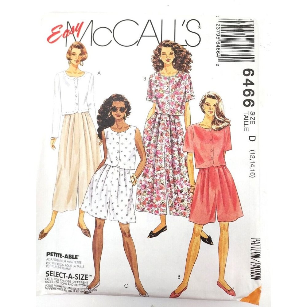 McCalls Easy Pattern #6466 Top Split Skirt Shorts UNCUT S1ze 12 14 16 ©1993